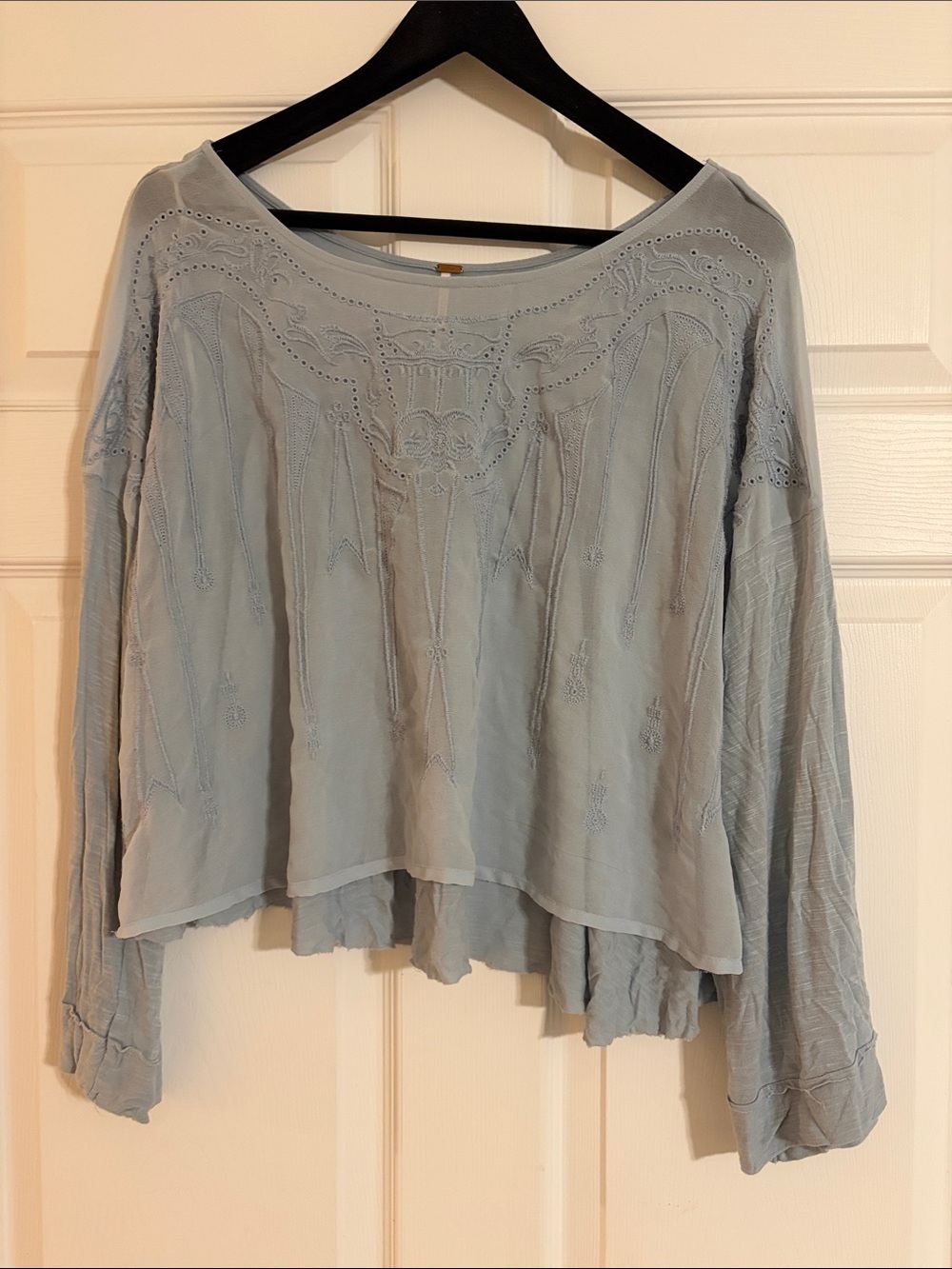 Free People Embroidered Bell Sleeve Blouse - Light Blue - Size S